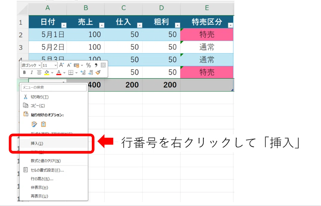 Excel éèšè¡ã衚瀺ããŠããå Žåã®ããŒã¿è¡è¿œå