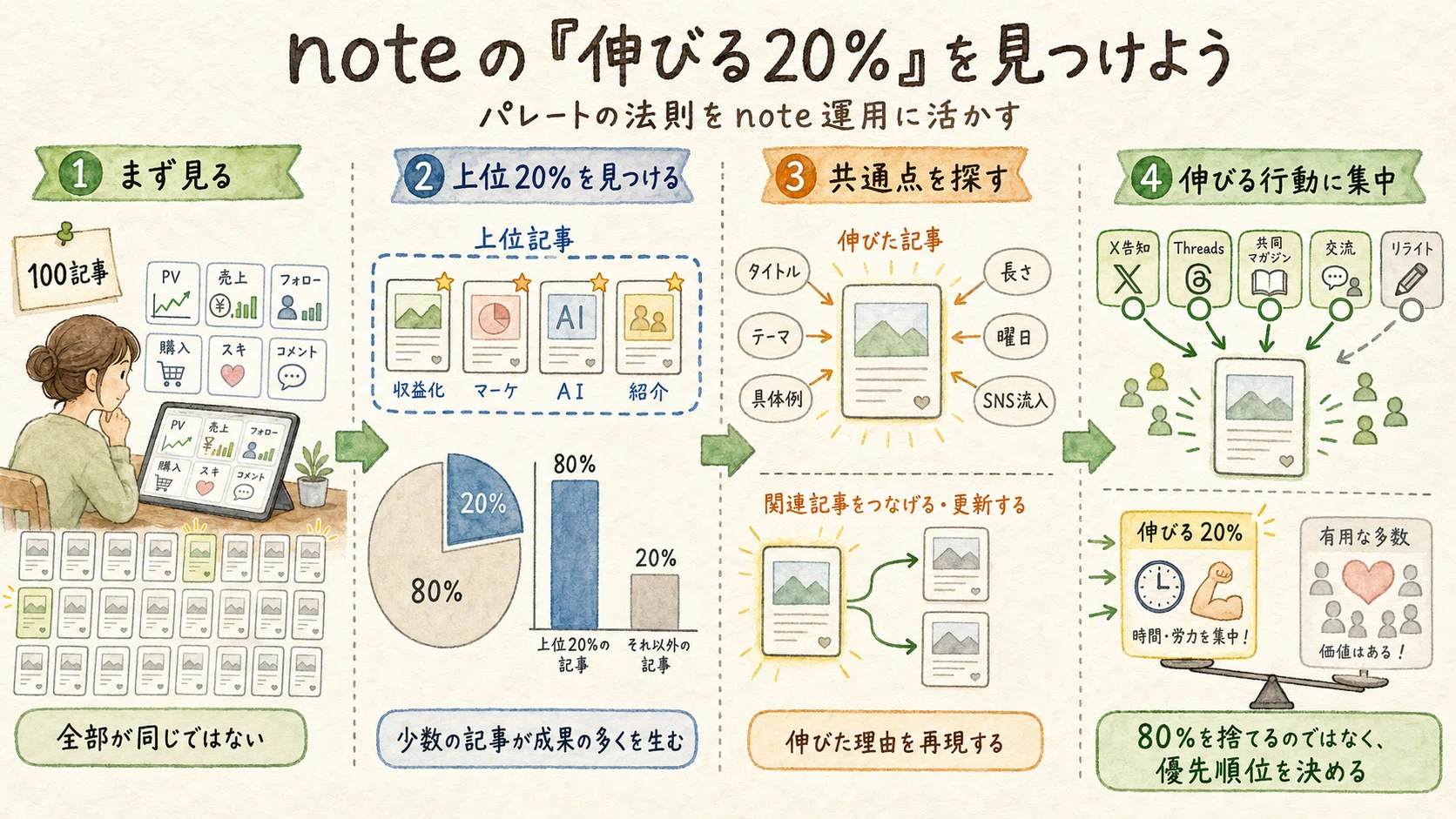 成果の8割は、2割の記事から生まれる？「パレートの法則」をnoteに