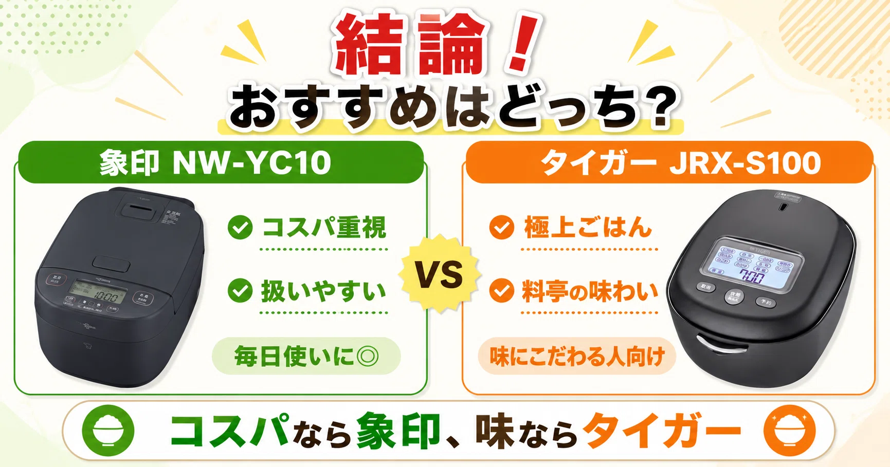徹底比較】 象印「NW-YC10」とタイガー「JRX-S100」の違いを比較