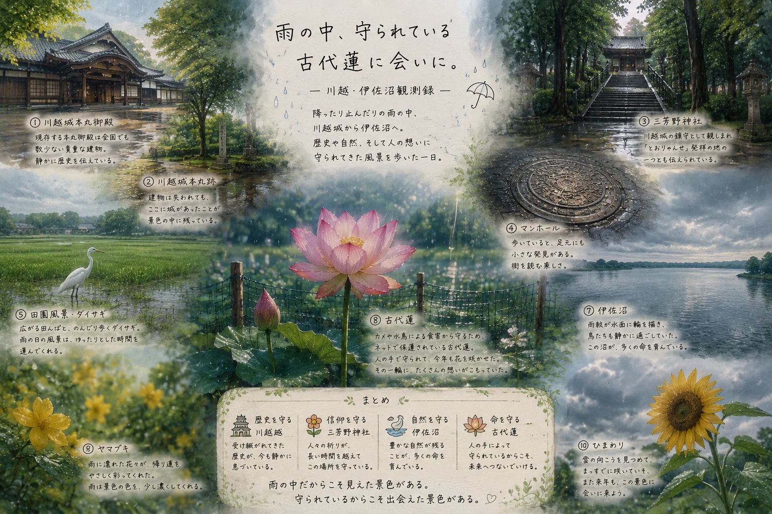 川越　伊佐沼　古代蓮　(水彩画) 雨の中、守られている古代蓮に会いに。― 川越・伊佐沼観測録 ―｜六分儀
