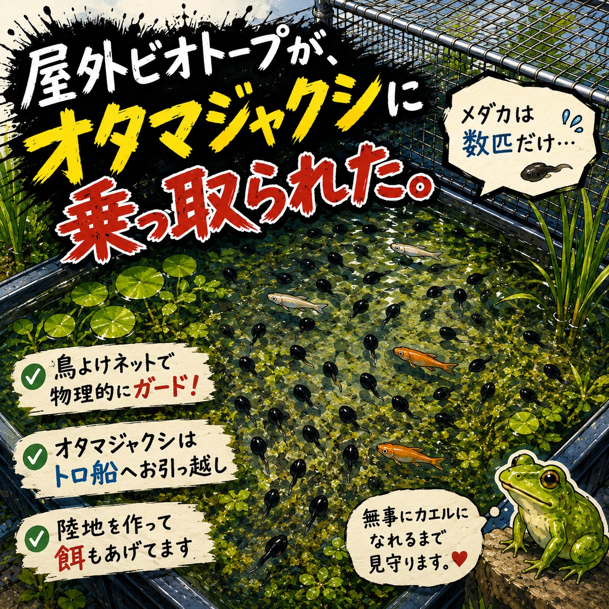 屋外ビオトープが、オタマジャクシに乗っ取られた。｜マキ爬虫類飼育部屋
