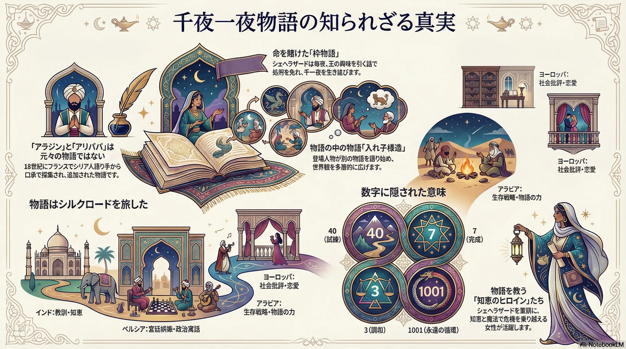 千夜一夜、アラビアンナイト、或いはシェヘラザード夜話として有名な 千夜一夜、アラビアンナイト、或いはシェヘラザード夜話として有名な