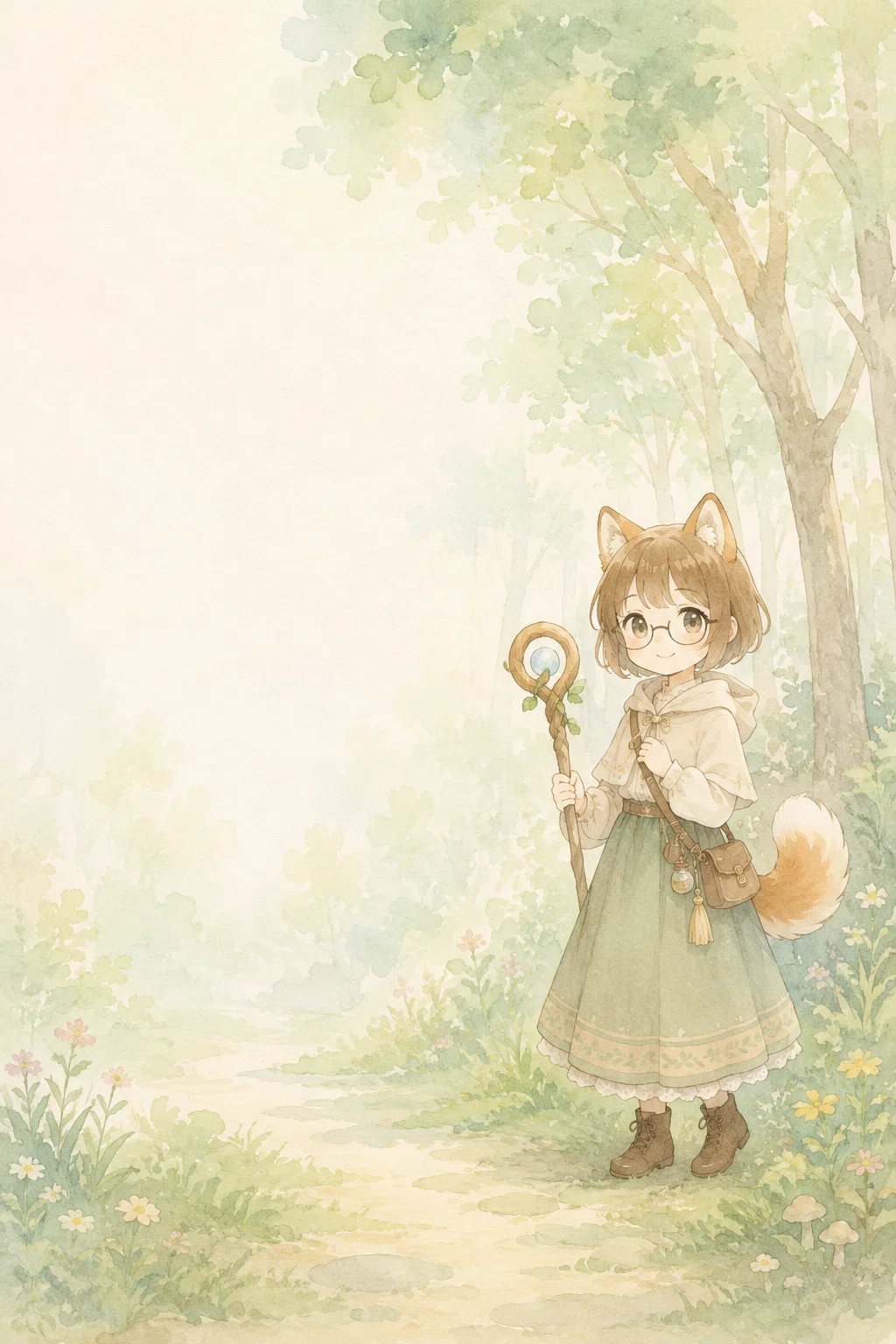 獣耳と尻尾のある少女が魔法の杖を持って森の小道に立っている画像