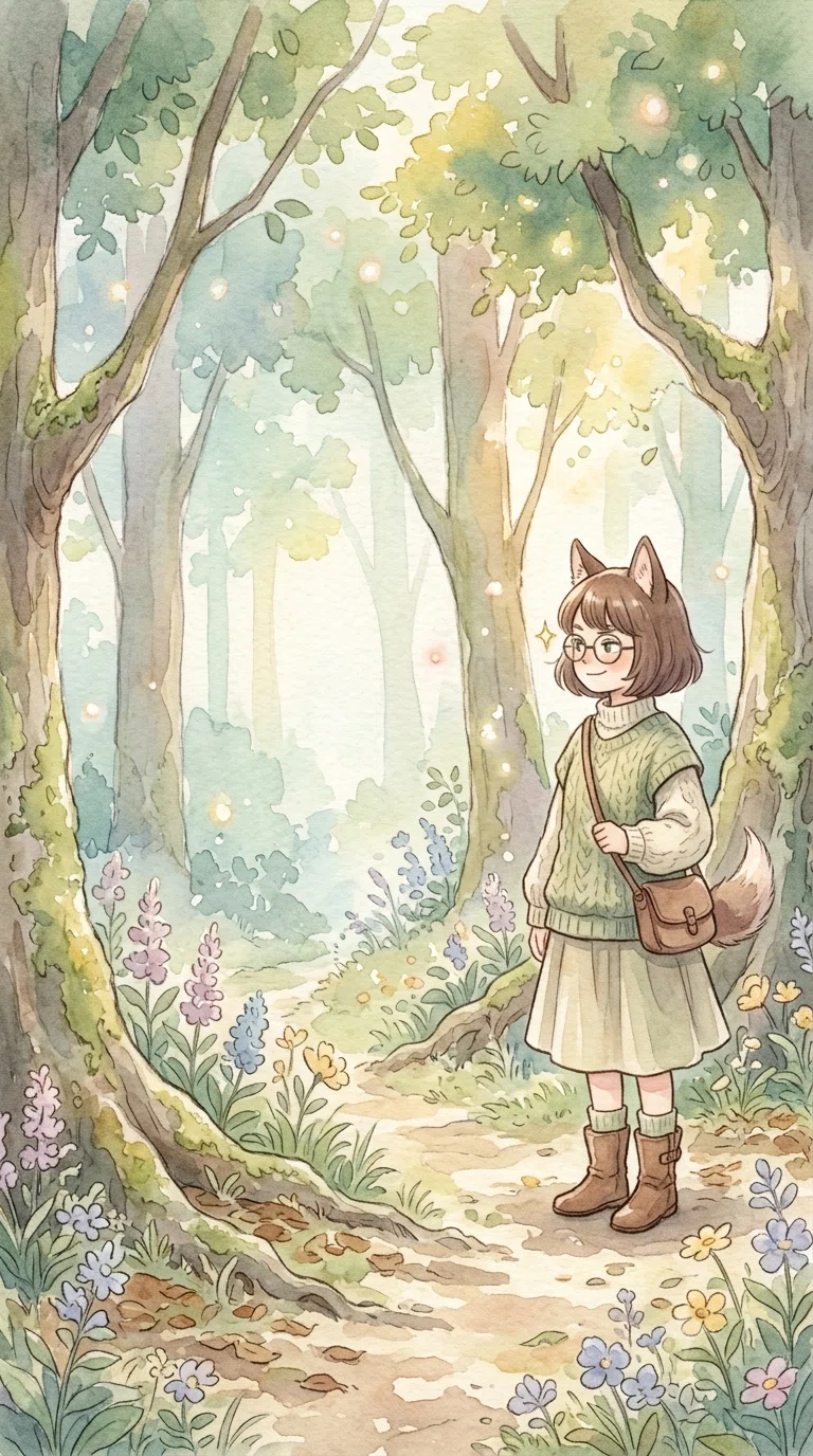 獣耳と尻尾のある少女が森の小道に立って、ニヤリとしている画像