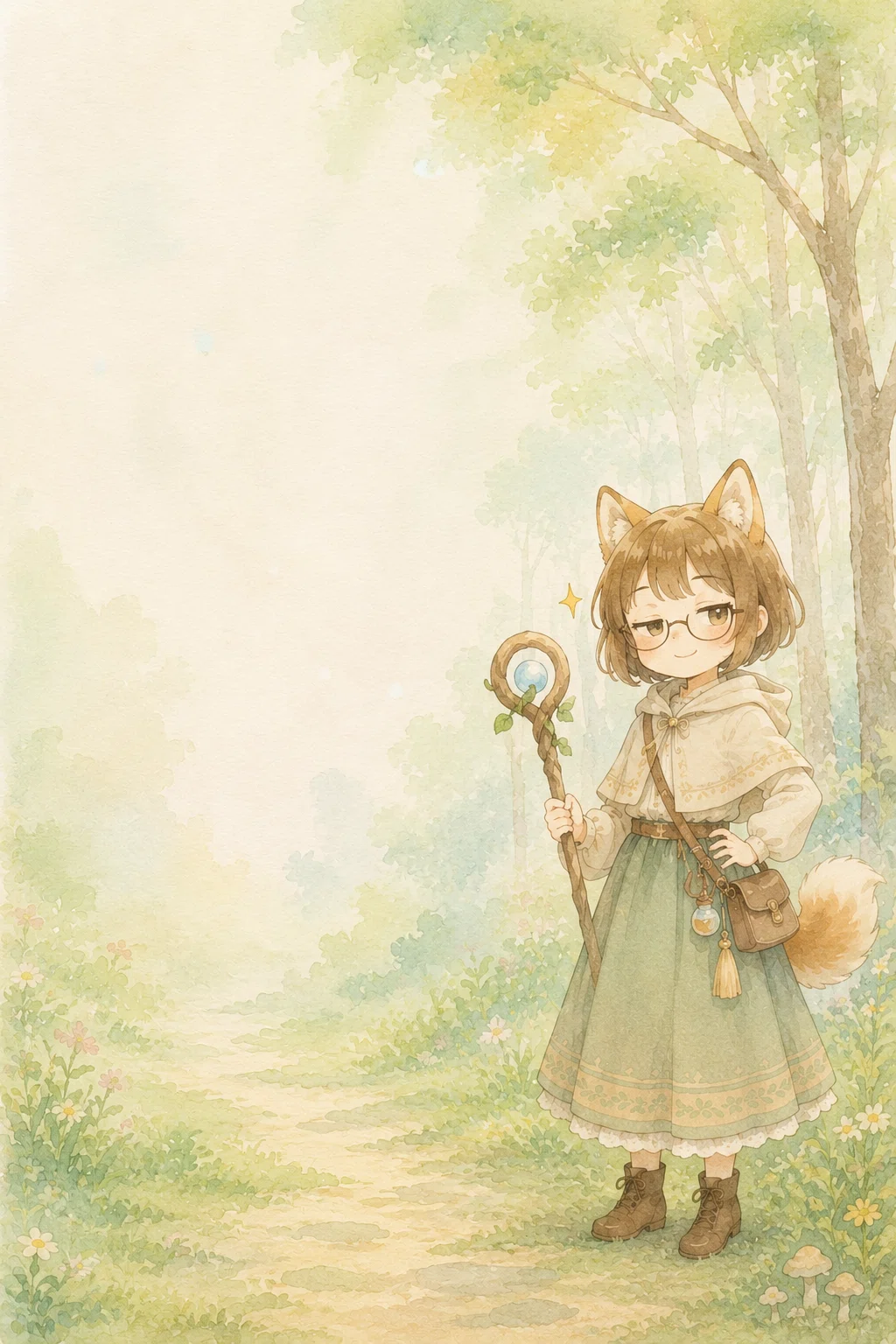 獣耳と尻尾のある少女が森の小道でドヤ顔をしている画像ChatGPT版