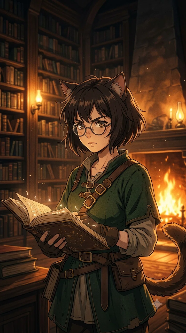 獣耳と尻尾のある少女が夜の図書館で魔導書を開いている画像Gemini版