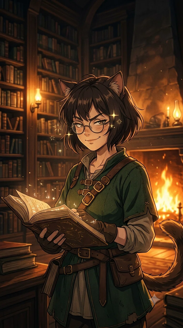 獣耳と尻尾のある少女が夜の図書館で魔導書を開き、悪だくみをしているような顔をする画像Gemini版