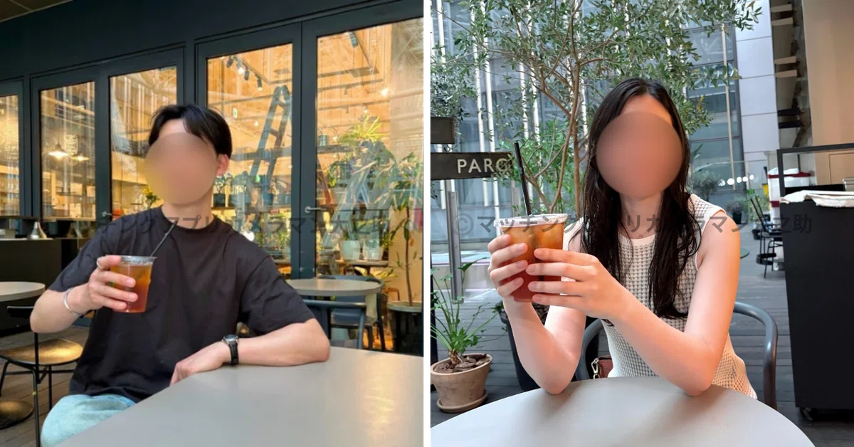 東京の洗練されたカフェテラスでカメラマンが撮影したマッチングアプリ用男性と女性のリラックスした写真