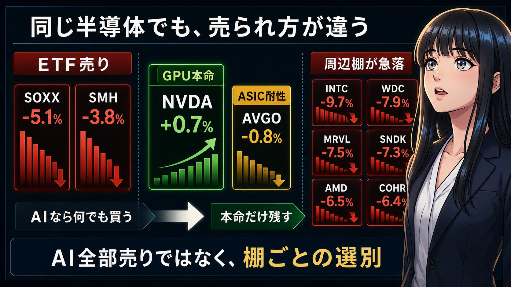 NVDAだけプラス】SOXX-5.1%で見えた、AI半導体を「GPU本命」と「周辺
