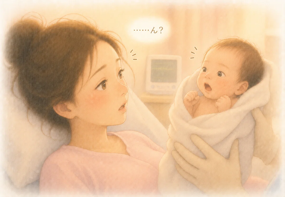 ママ。「……ん？」という表情。赤ちゃんがハッとする。