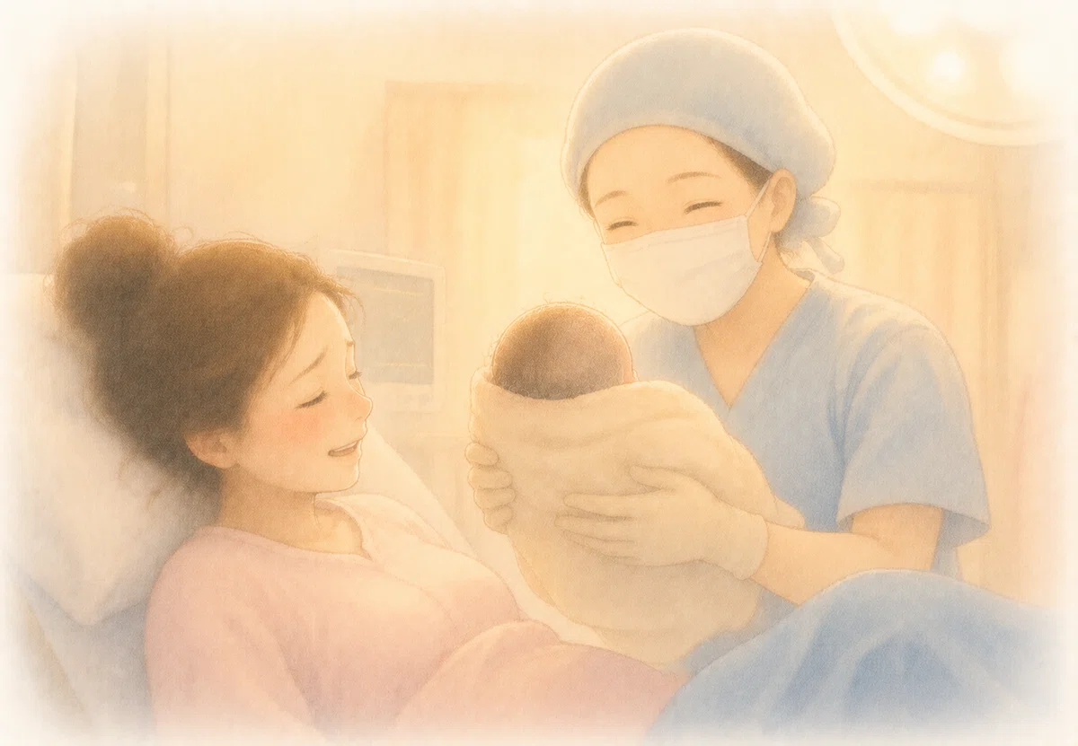 助産師さんが赤ちゃんを抱き上げる。