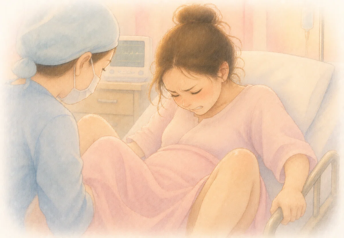 病院。分娩室。ママは汗を流しながら、必死に赤ちゃんを迎えようとしている。