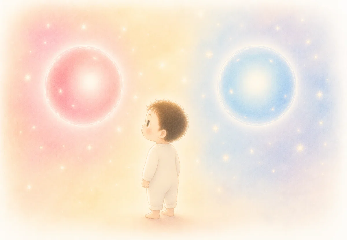 青の光と赤の光を静かに見つめている赤ちゃん