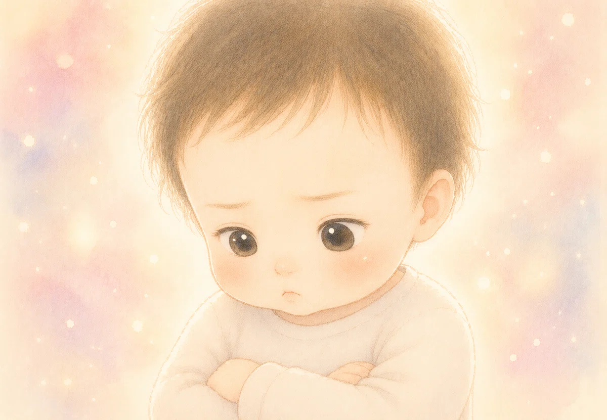 腕組みする赤ちゃん。真剣な顔