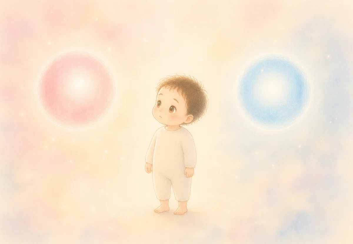 ふわふわした光の世界。赤ちゃんが二つの光の玉を見比べている。片方はピンク。もう片方はブルー。