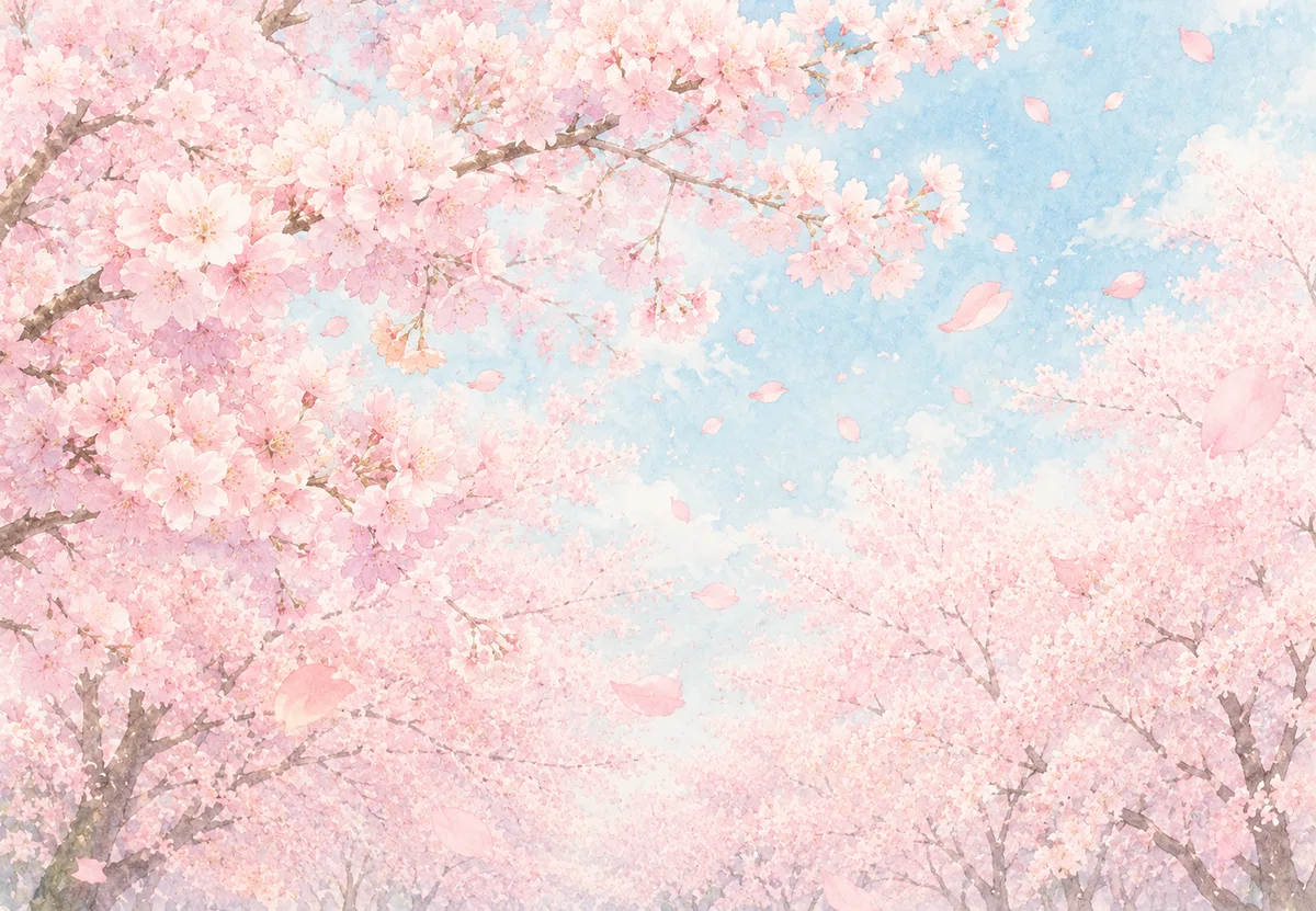 ページいっぱい。桜が満開。風に舞う花びら。