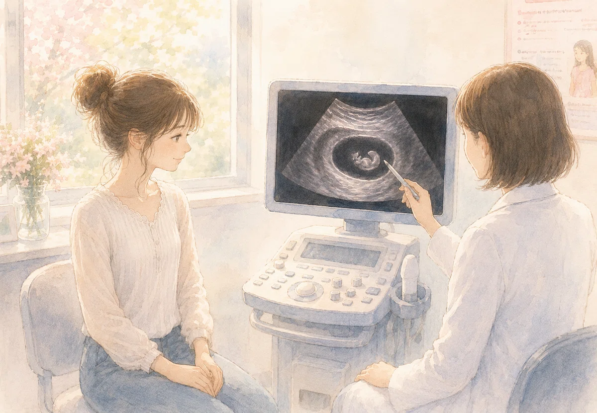 診察室。エコー画面には、小さな命。水彩画で優しく表現。