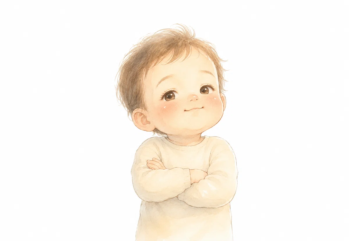腕を組みながら、少し得意げな表情の赤ちゃん。