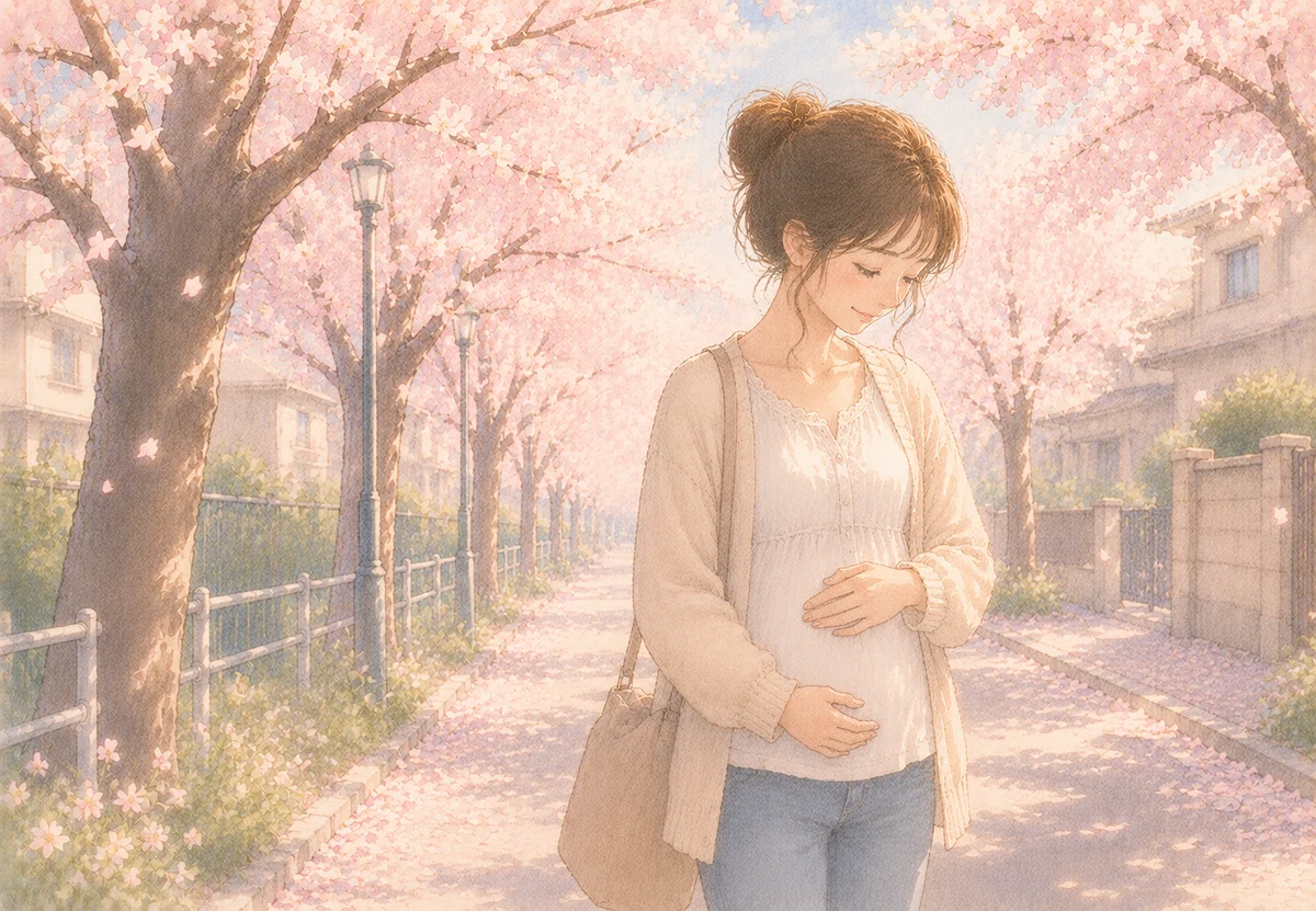 桜並木。ママはお腹をそっと押さえながら歩く。