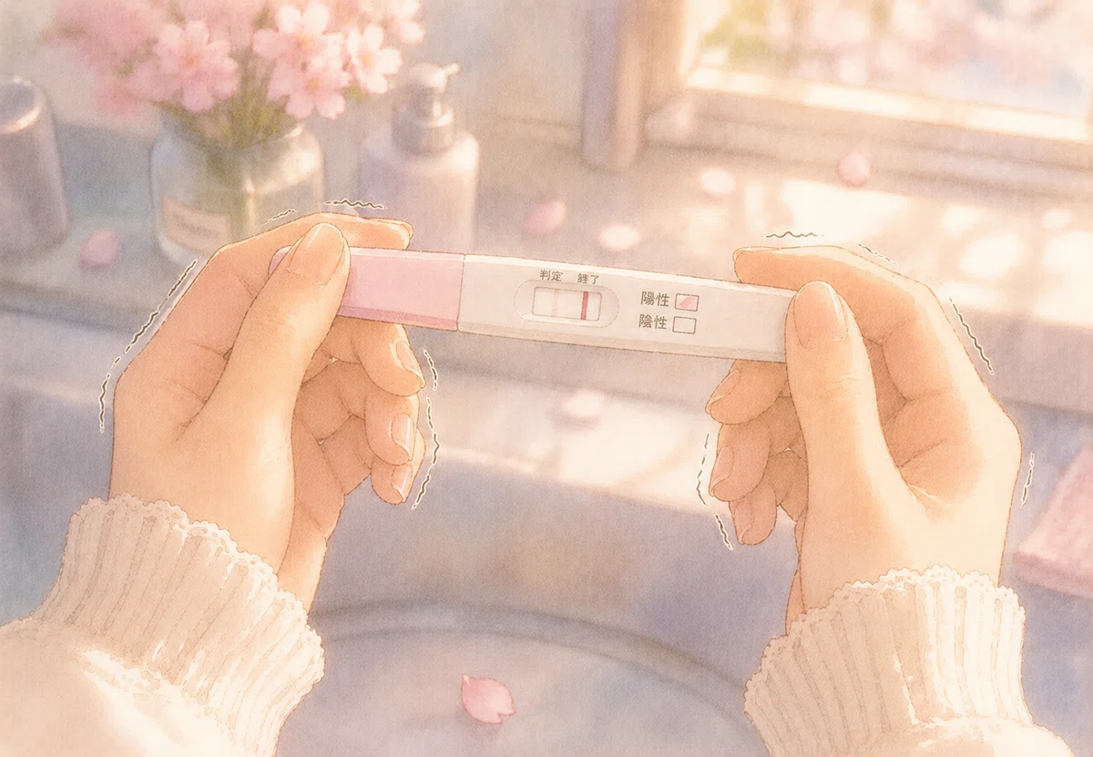 妊娠検査薬。うっすらと、でも確かに見える陽性反応。ママの手が少し震えている。