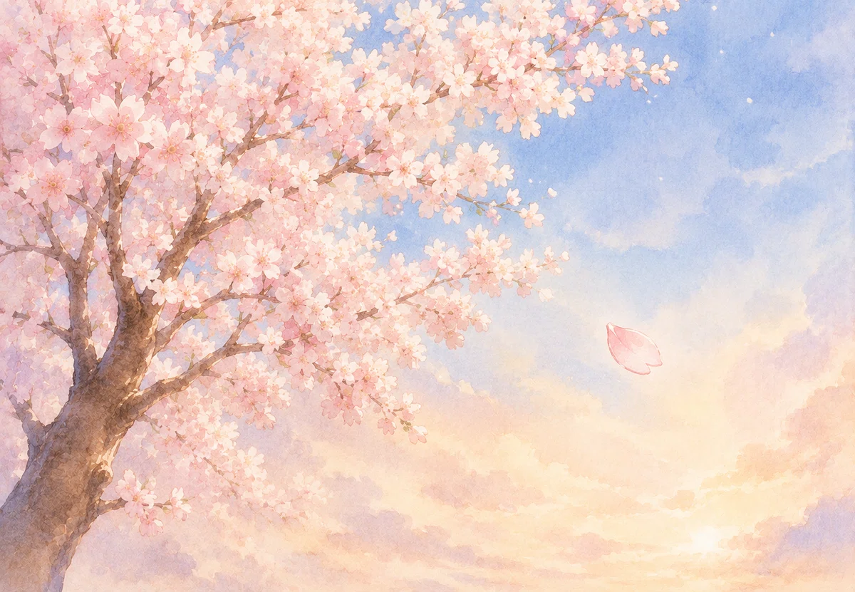 ページいっぱい。一本の桜。花びらが一枚、ふわっと舞う。