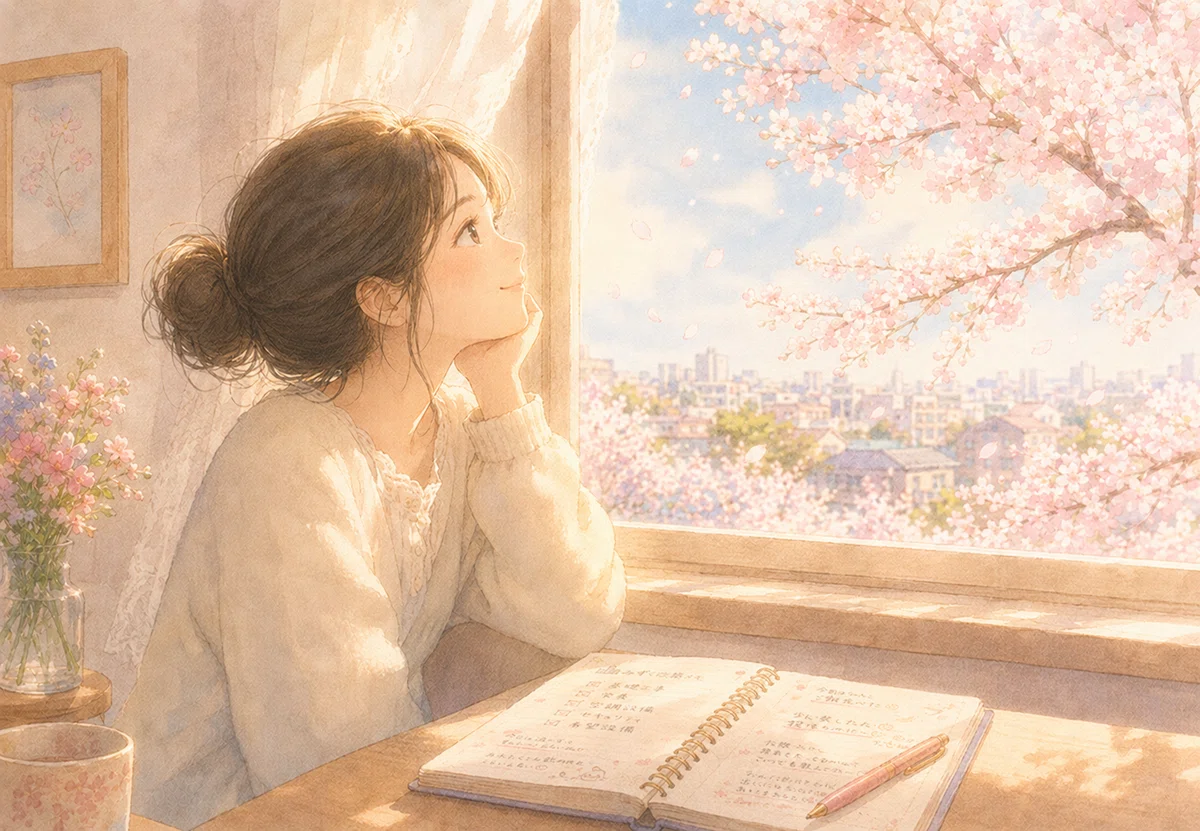 ママは窓の外の桜を見る。その表情は、不安ではなく、穏やかな希望