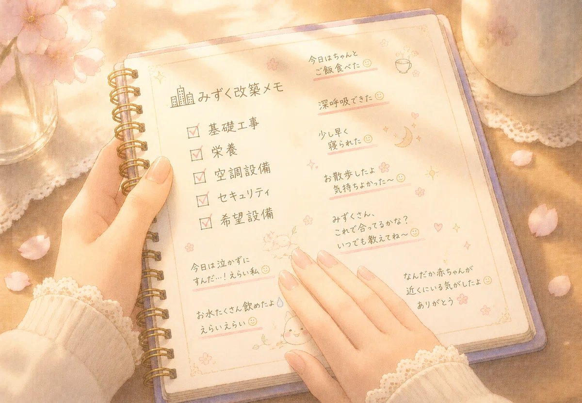 ママがノートを優しく撫でる