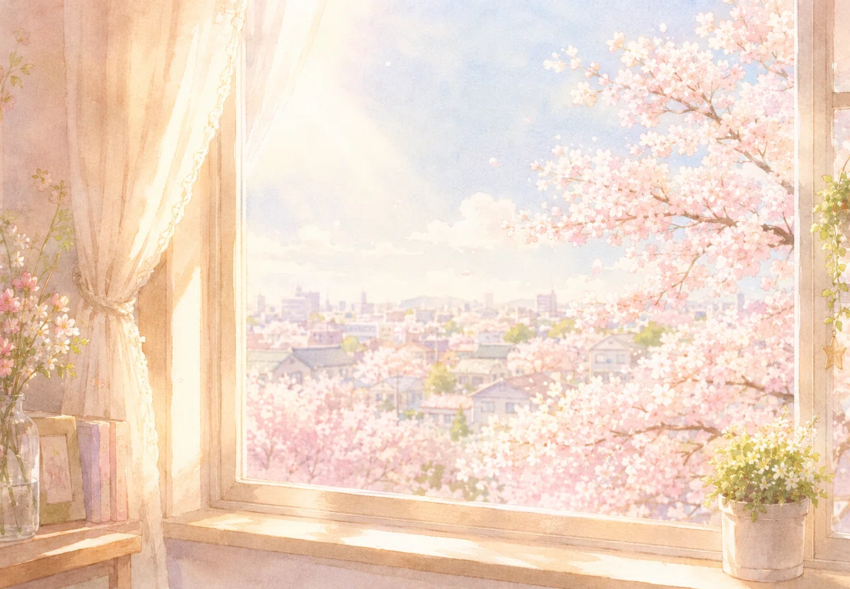 冬だった景色が、淡い桜色に変わっている。窓辺には春の日差し。
