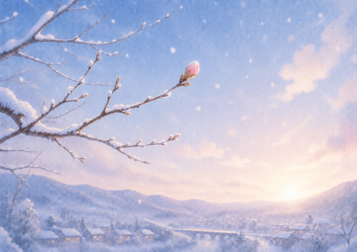 ページいっぱい。冬の景色。木の枝には、小さな桜のつぼみが一つ。