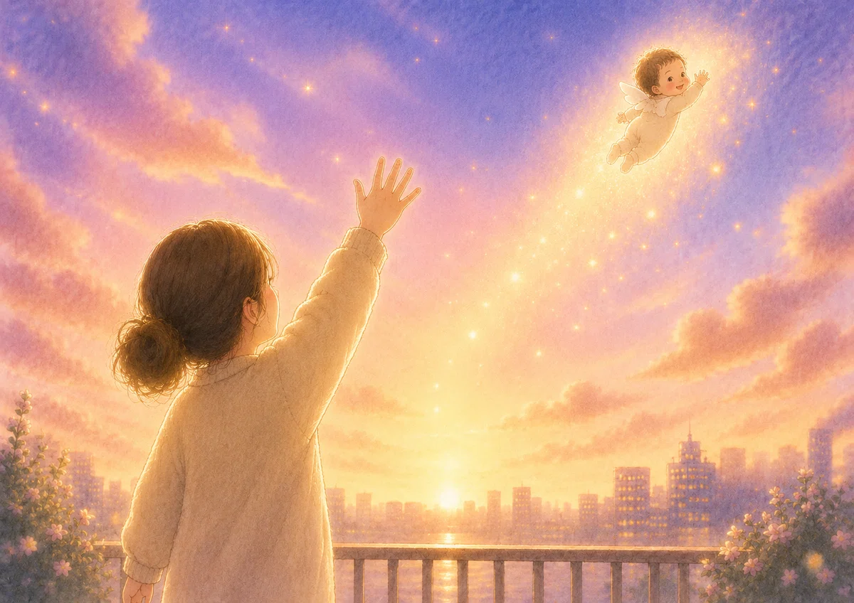 赤ちゃんが光の粒になって空へ帰っていく。ママも小さく手を振る。