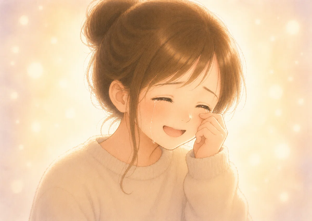 ママが笑いながら泣いている。