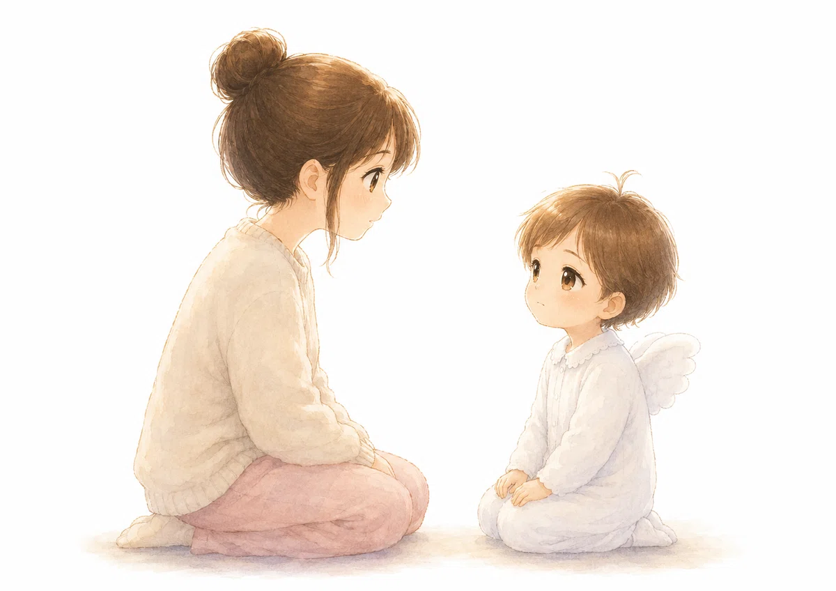 ママと赤ちゃん。向かい合って座っている。赤ちゃんの表情は今まで見たことがないくらい優しくて少しだけ寂しそう。