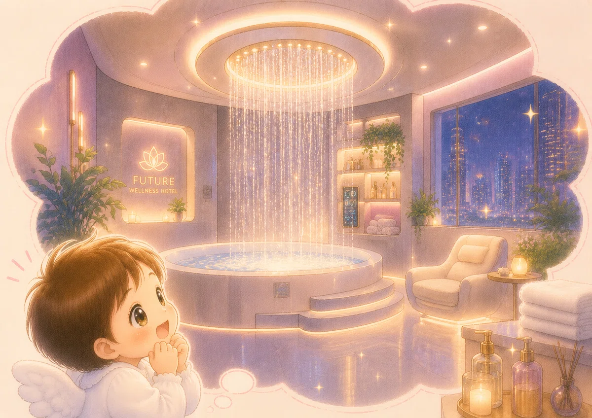 赤ちゃんの妄想。近未来のホテルみたいなお風呂。シャワーが天井から降っている。
