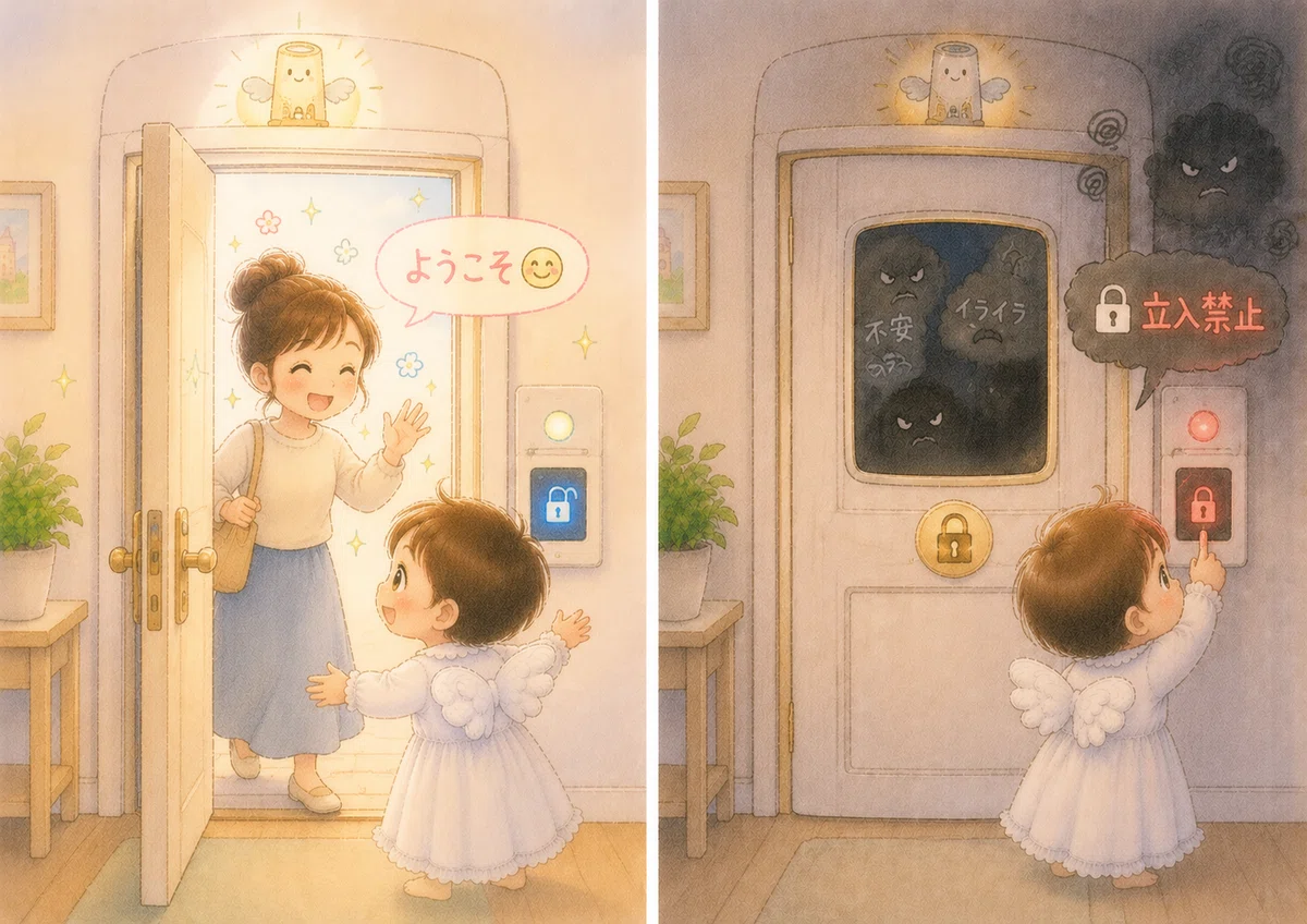お部屋のドア。笑顔の人は「ようこそ😊」黒いモヤモヤやストレスには「🔒立入禁止」とオートロックが閉まる。