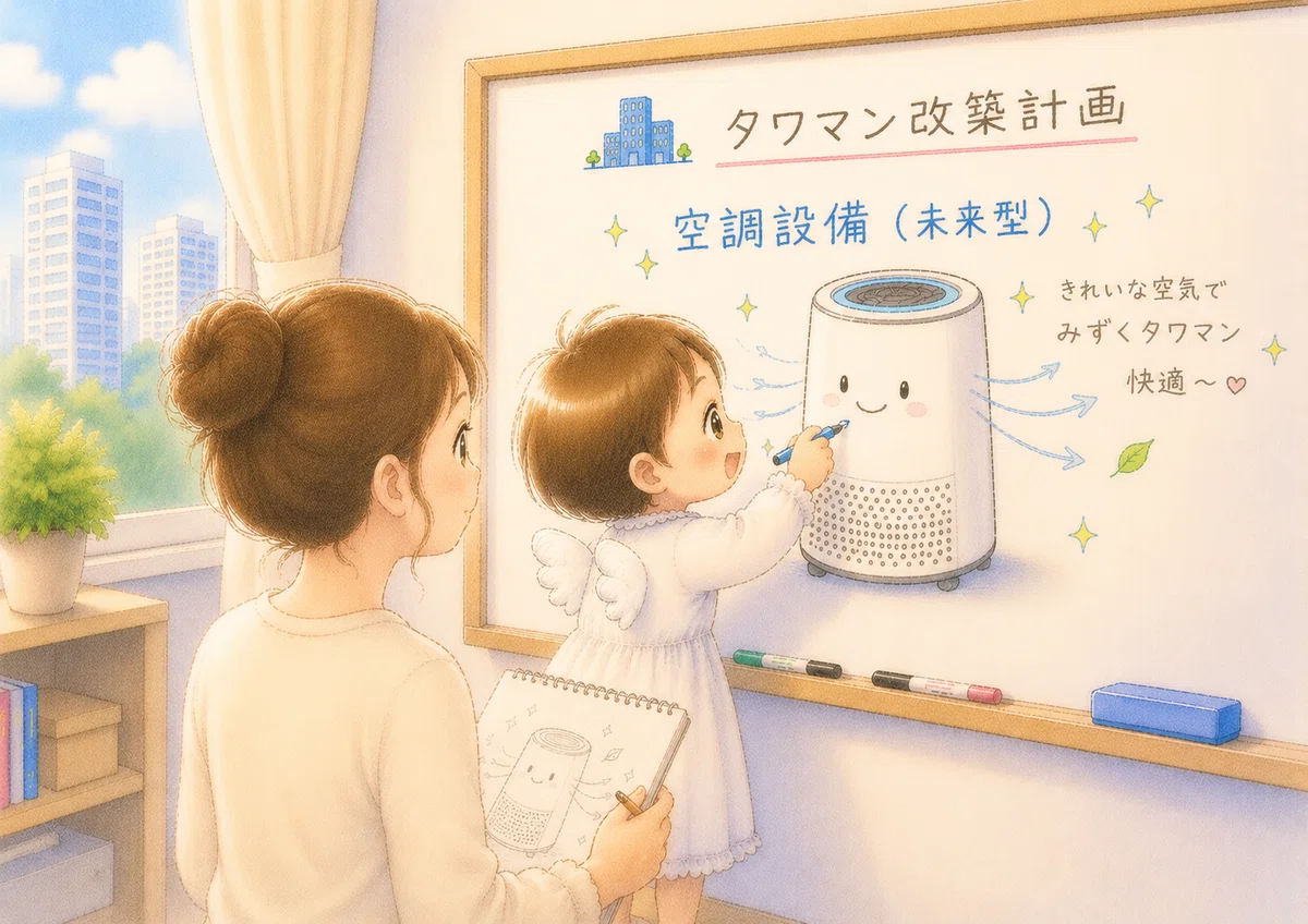 ホワイトボード。かわいい空気清浄機のイラストを描く赤ちゃん。ママは一生懸命スケッチしている。
