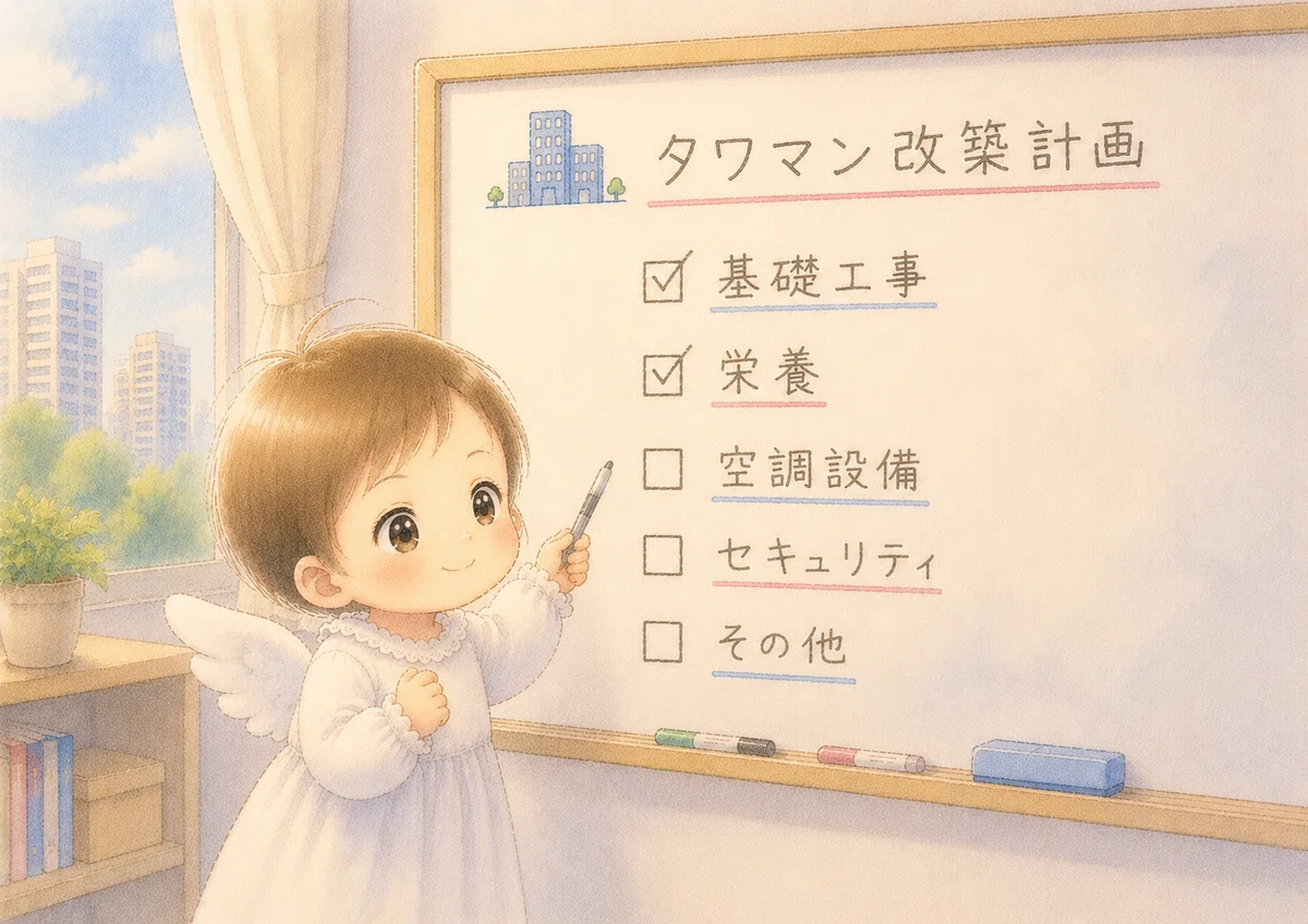ホワイトボード。🏙️タワマン改築計画☑ 基礎工事☑ 栄養□ 空調設備□ セキュリティ□ その他。赤ちゃんは満足そう。