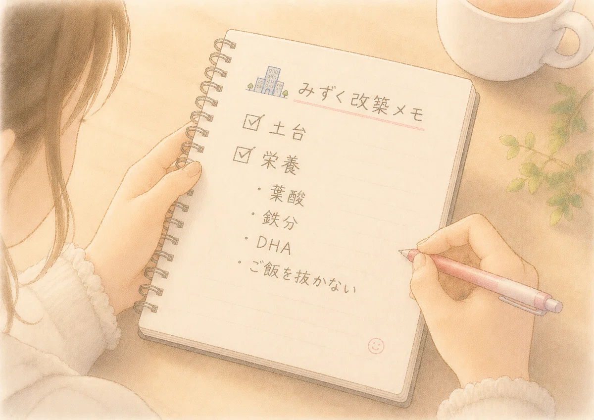 ママのノート。🏙️みずく改築メモ☑ 土台☑ 栄養・葉酸・鉄分・DHA・ご飯を抜かないページの端に、小さく😊と描いてある。