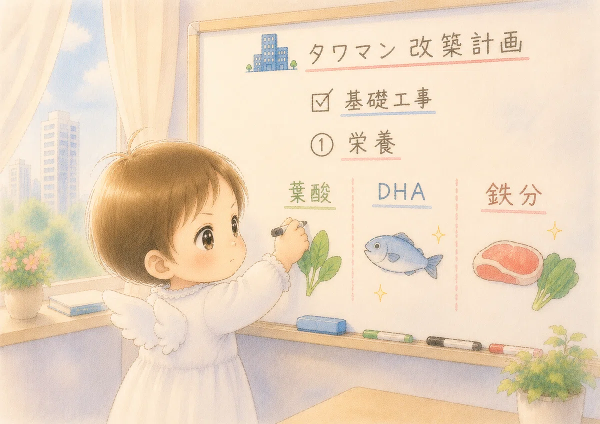 ホワイトボードに、葉酸、DHA、鉄分をイラスト付きで描いている。
