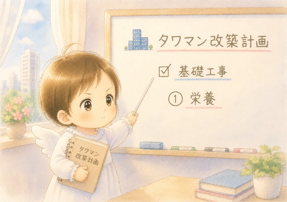 ホワイトボード。「🏙️ タワマン改築計画」「☑ 基礎工事」「① 栄養」赤ちゃんは真剣な表情。