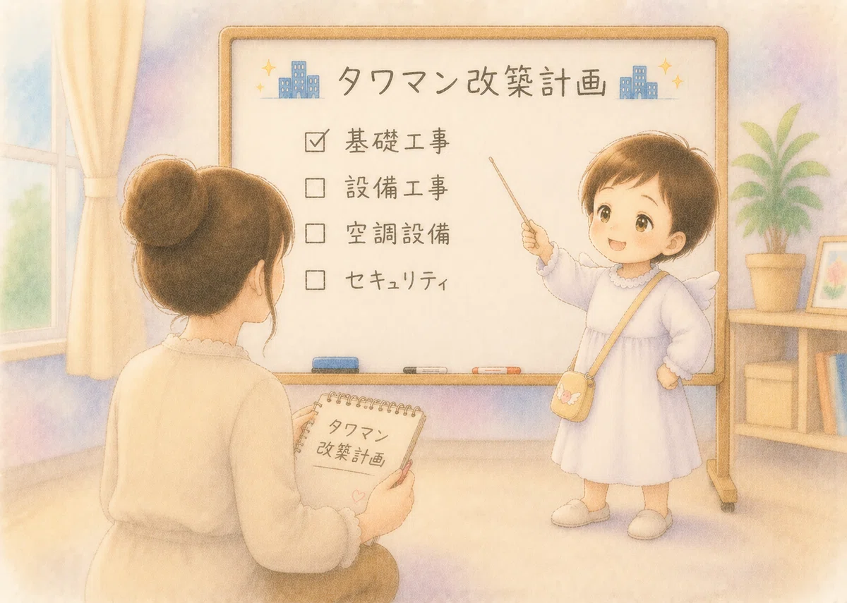 ママ。メモ帳を取り出す。「タワマン改築計画」と書いてある