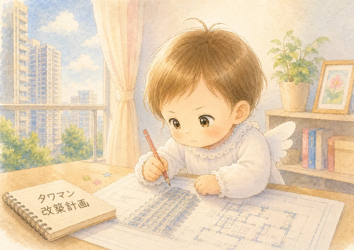 真剣な表情で設計図をかく赤ちゃん