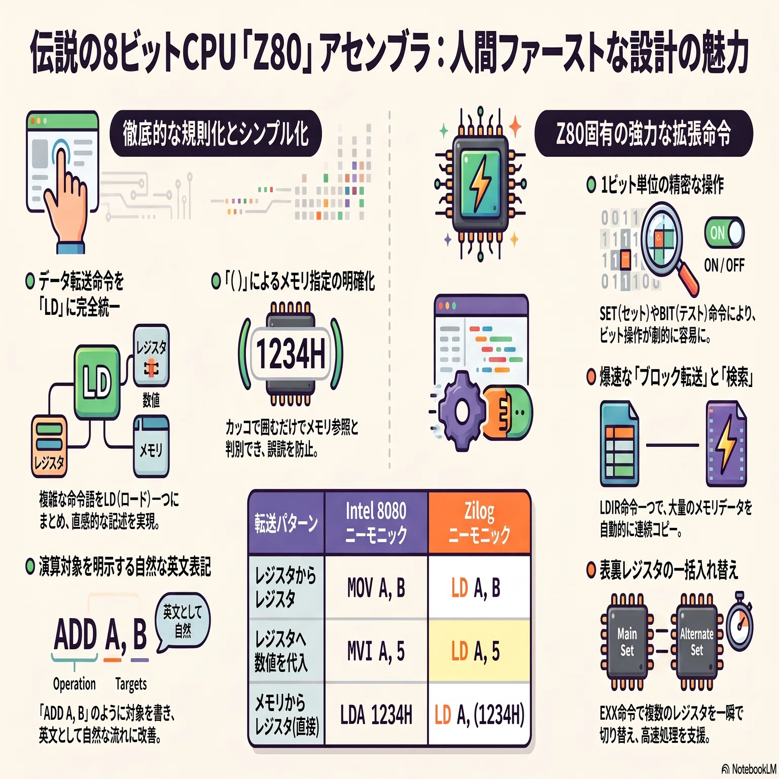 伝説の8ビットCPU「Z80」のアセンブラ（ザイログ・ニーモニック）の