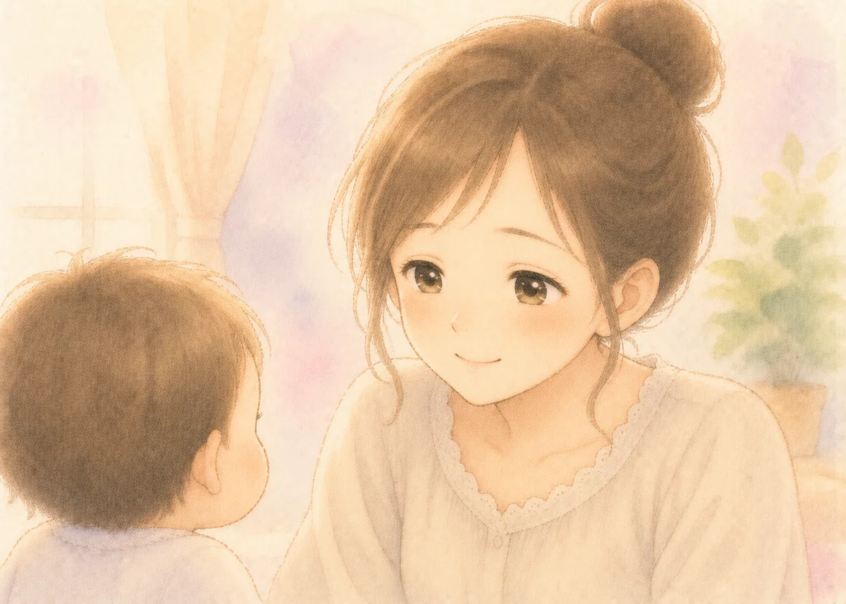 ママ。少し安心した笑顔。