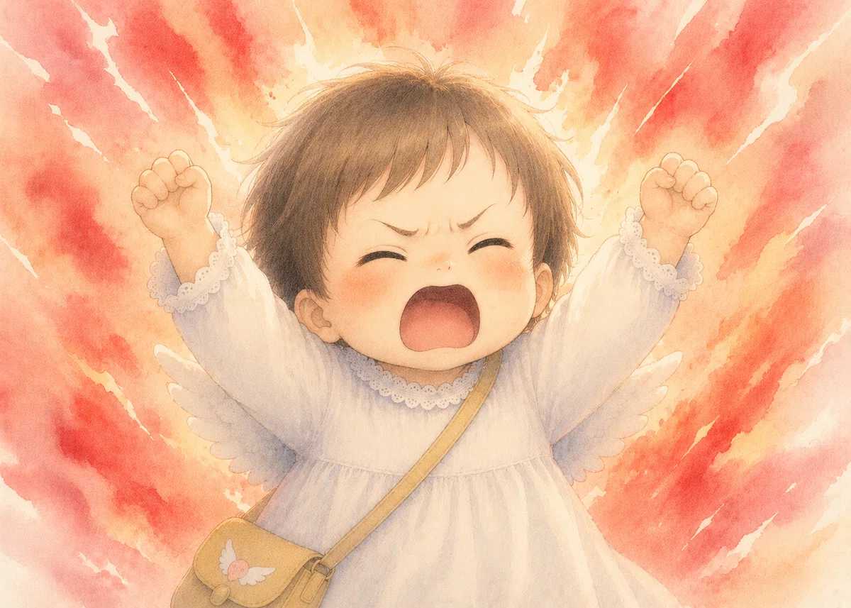 両手を広げて激怒する赤ちゃん。