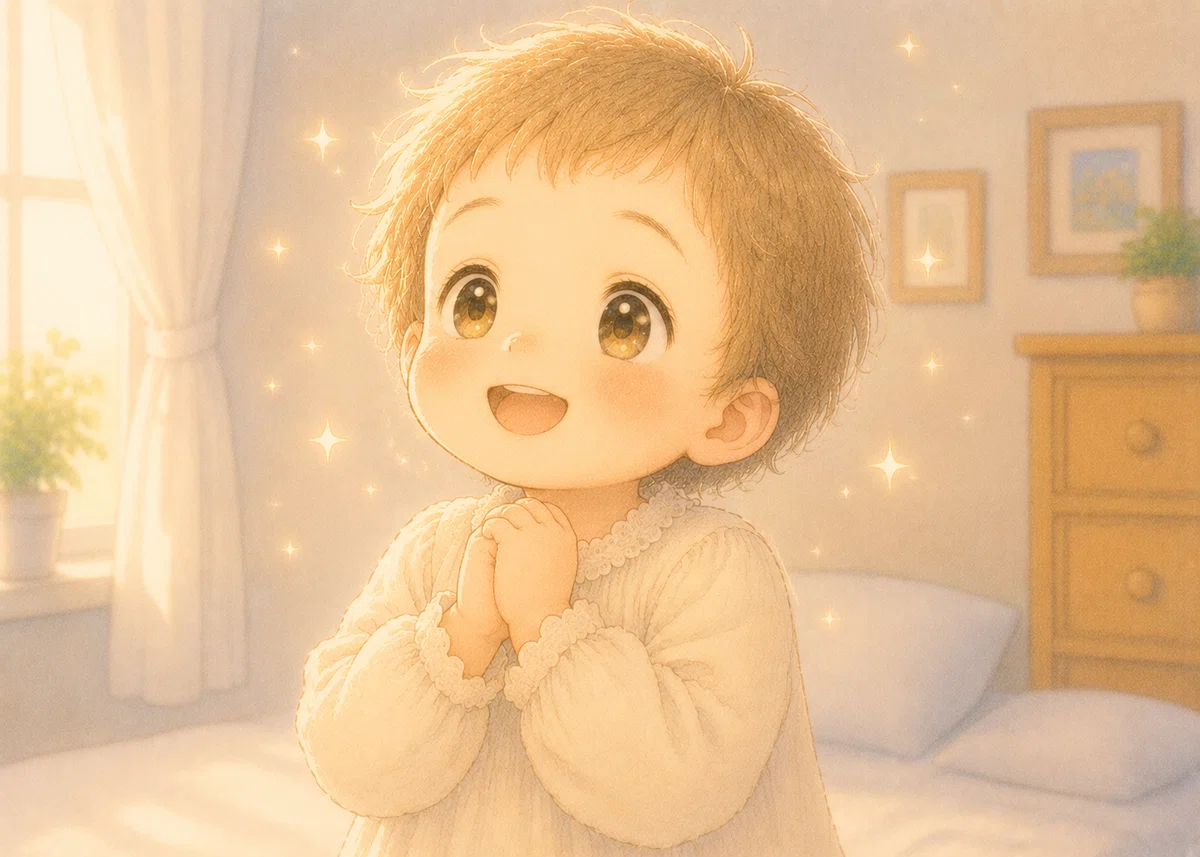 目をキラキラさせながら、両手を胸の前で組んでいる赤ちゃん