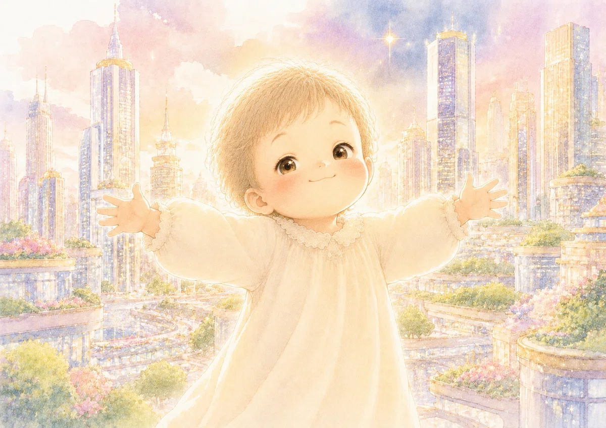 両手を広げる赤ちゃん。背景にはキラキラした未来都市のタワマン。