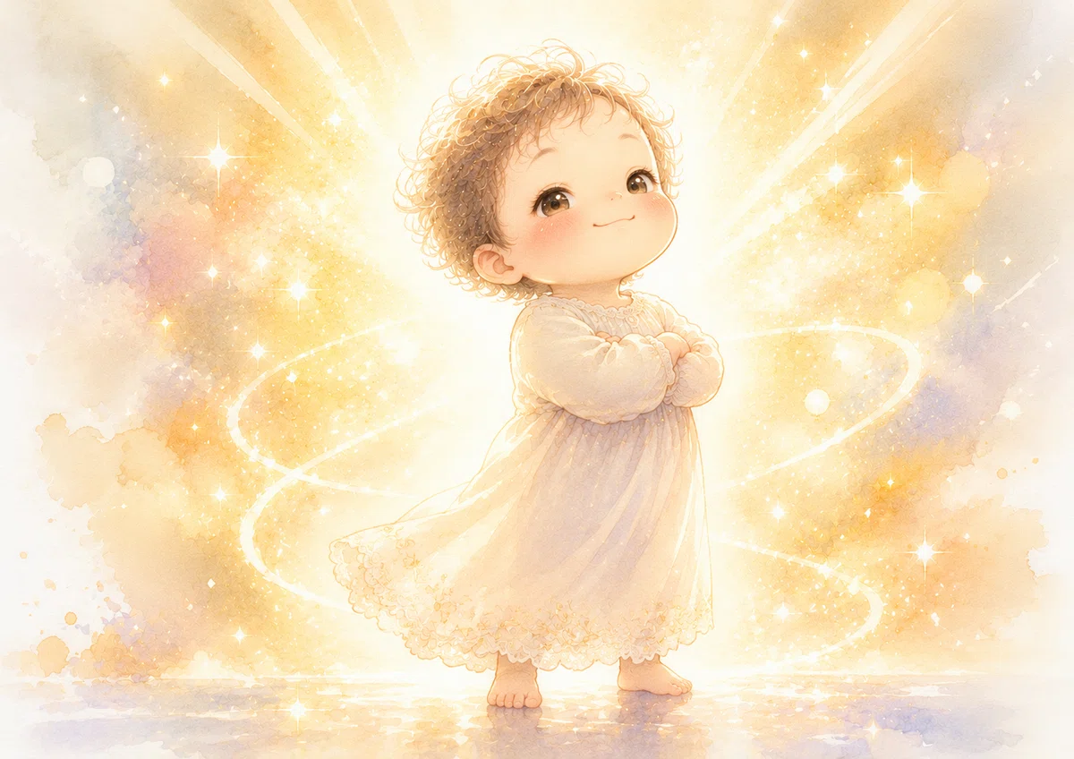 光の中に立つ赤ちゃん。腕組み。ちょっとドヤ顔。背景は白＋金色の光。ママは小さく描く。
