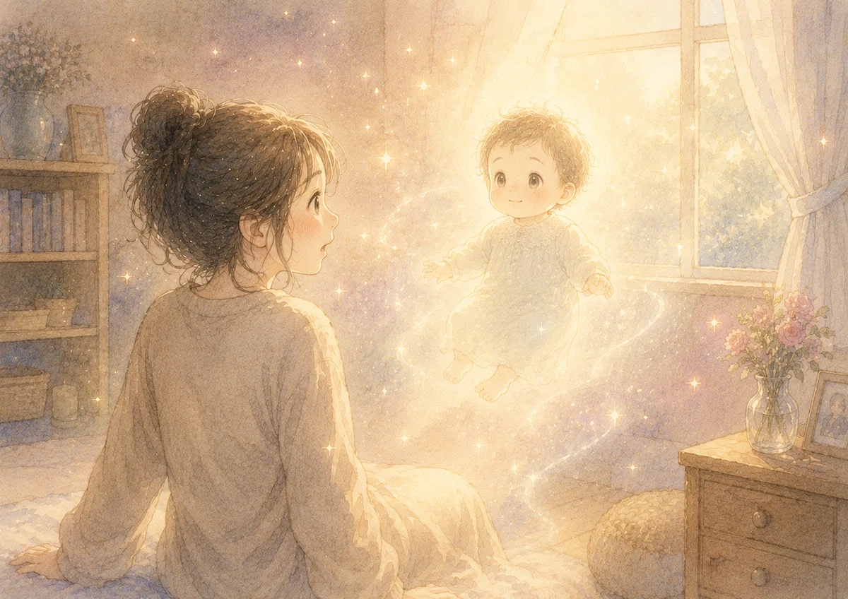 部屋の中。窓から柔らかい光。空気中にキラキラ。その中心に、まだ少し透けている赤ちゃん。声だけ聞こえて、ママが振り返る。