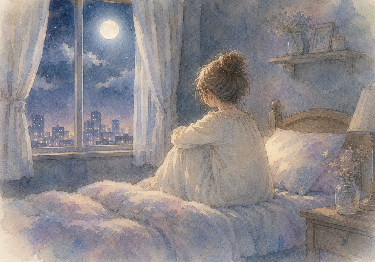 暗い部屋。夜。ベッド。窓から月明かり。ママが一人。