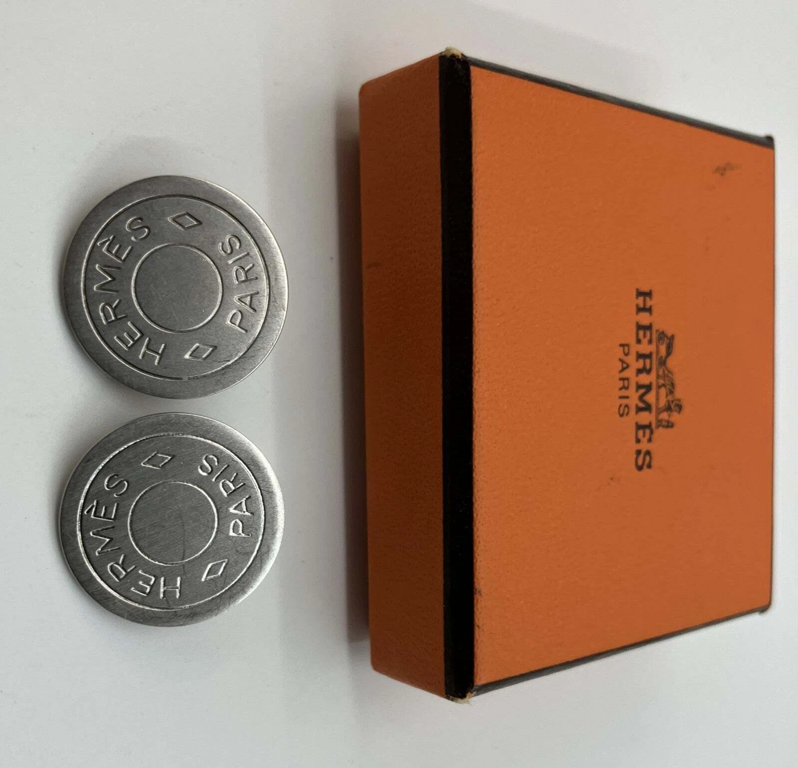 HERMES Sellier Button Clip-On Earrings Silver Tone 2cm Pair 